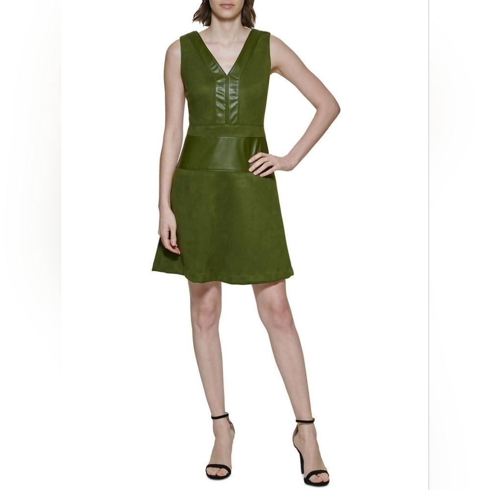 DKNY Olive Green V- Neck Faux Suede Leather Fit Flare Sleeveless Mini Dress Sz 6